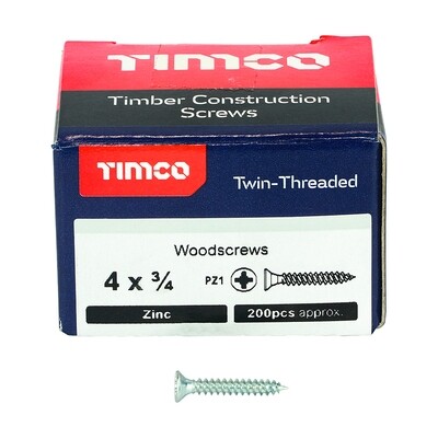 No.4 x 3/4 inch  Pozi Countersunk Wood Screws Twin Thread Zinc Plated Box of 200