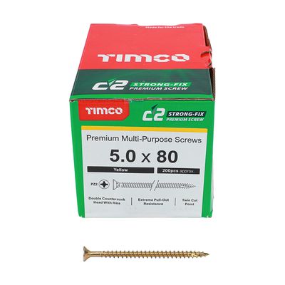 5.0mm x 80mm  Classic C2 Premium Pozi Countersunk Part Thread Wood Screws. Box of 200