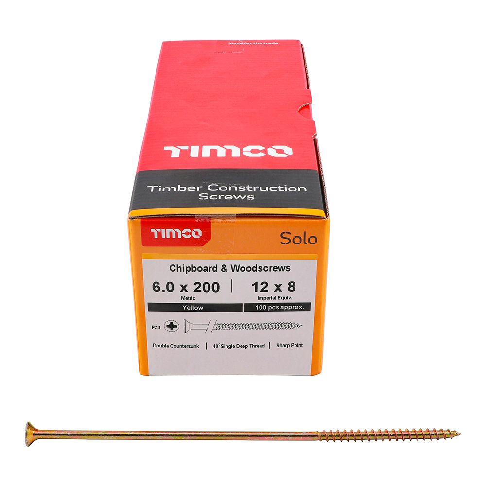 6.0 x 200mm Pozi Countersunk Timco Solo Wood Screws Box of 100