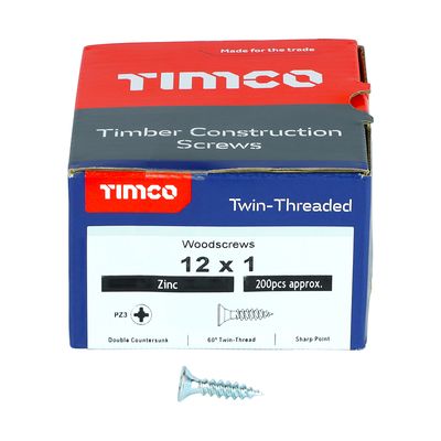 No.12 x 1 inch (6.0 x 25mm) Pozi Countersunk Wood Screws Twin Thread Zinc Plated Box of 200