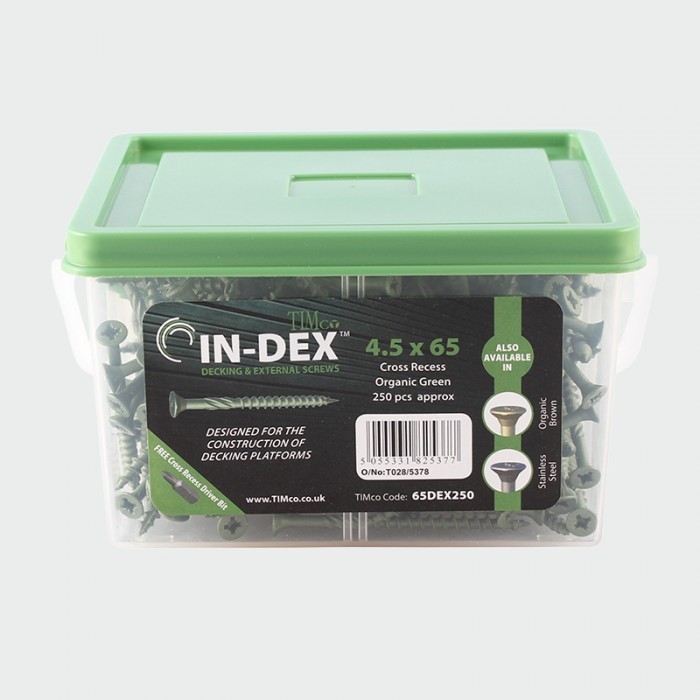 Index Decking Screws Countersunk Pozi Green Coated 4.5 x 65  Tub of 1000