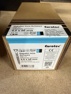 4.0 x 50mm  TX15 Hapatec Wood Screw Stainless Steel Black Coated (Box of 500)