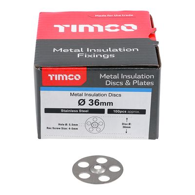 36mm Metal Insulation Discs (5mm Hole) Stainless Steel Box of 100