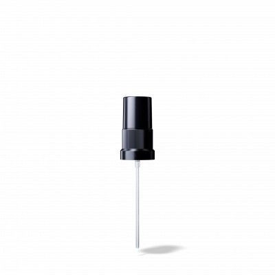 Sprayverschluss Classic DIN18, PP, schwarz, geriffelt, Dosis 0.14ml, schwarze Schutzkappe, 105mm für Tropfenflaschen ORION 5 bis 100ml