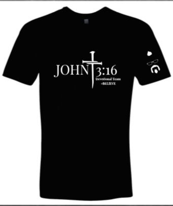 John 3:16 Devotional Team Men&#39;s Tshirt Black sleeve logo