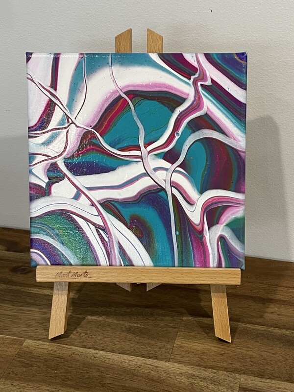 Acrylic Pour White Ribbons + Display Easel