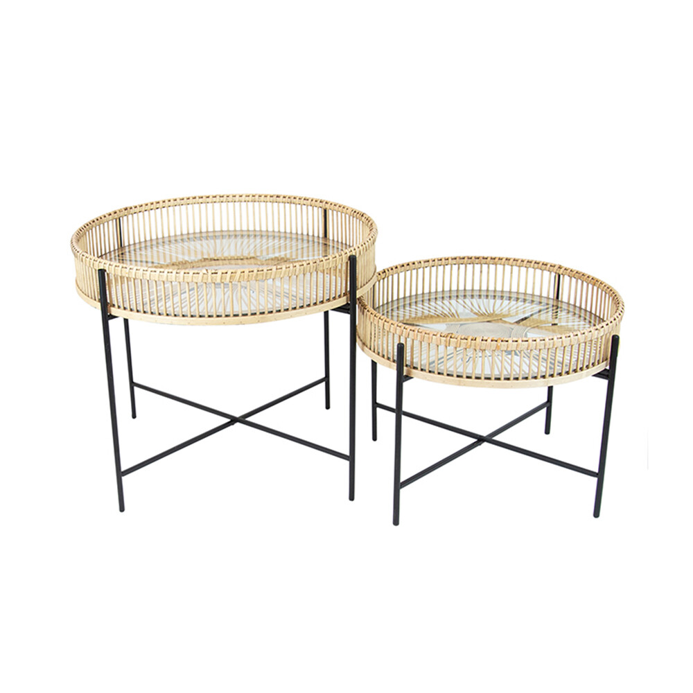 Natural Round Rattan and Glass Sidetable