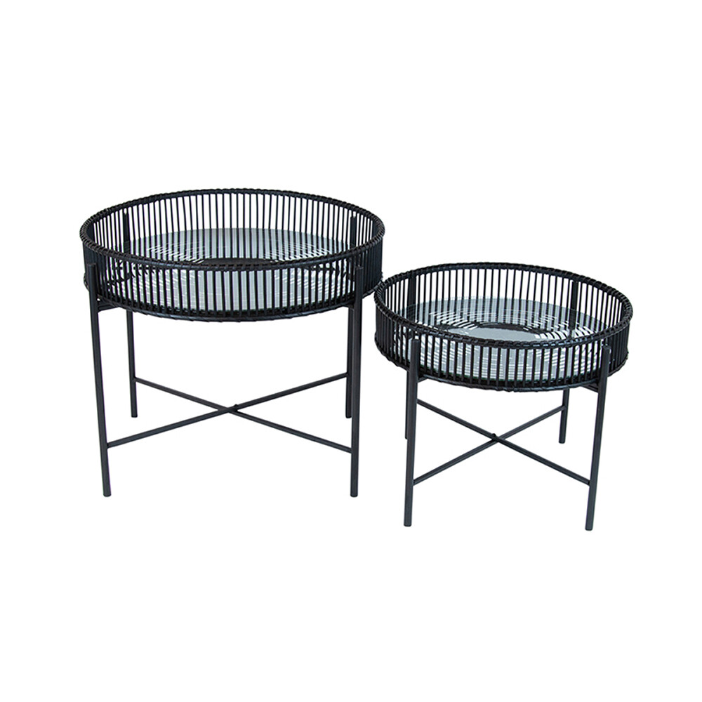 Black Round Rattan and Glass Sidetable