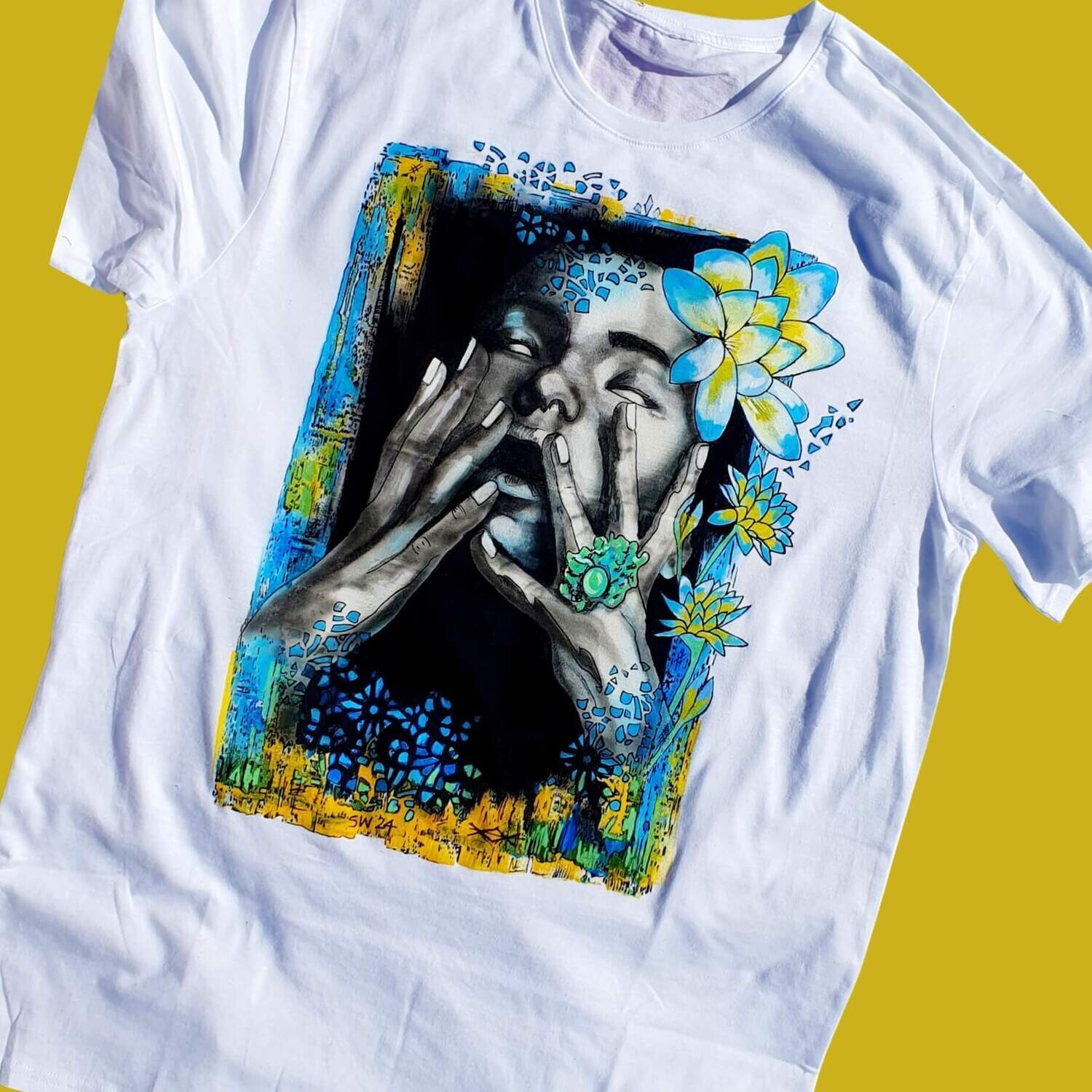 Size Large T shirts Handpainted Custom Wearable Art Front Design White Unisex Tee  WATERLILIES