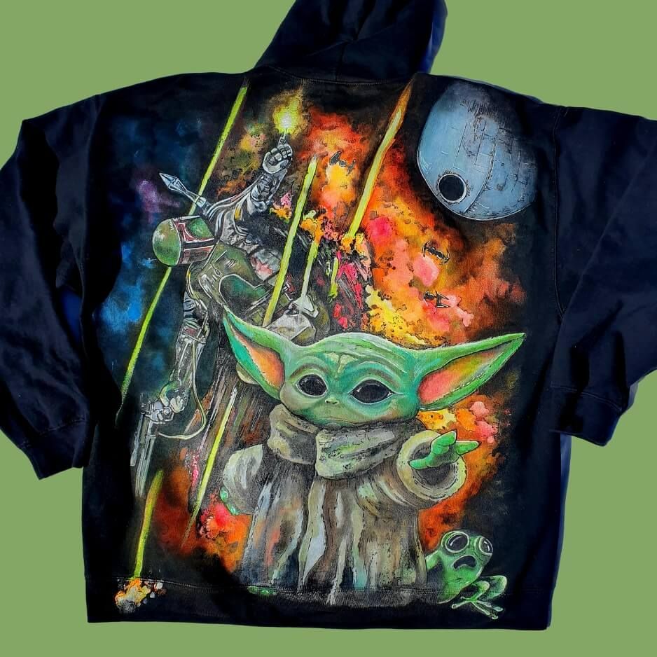 Baby Yoda & Mandalorian Size X Large Black Hoodie Custom Airbrushed Full Back with Front Logo Neon Glow Design Wearable Art