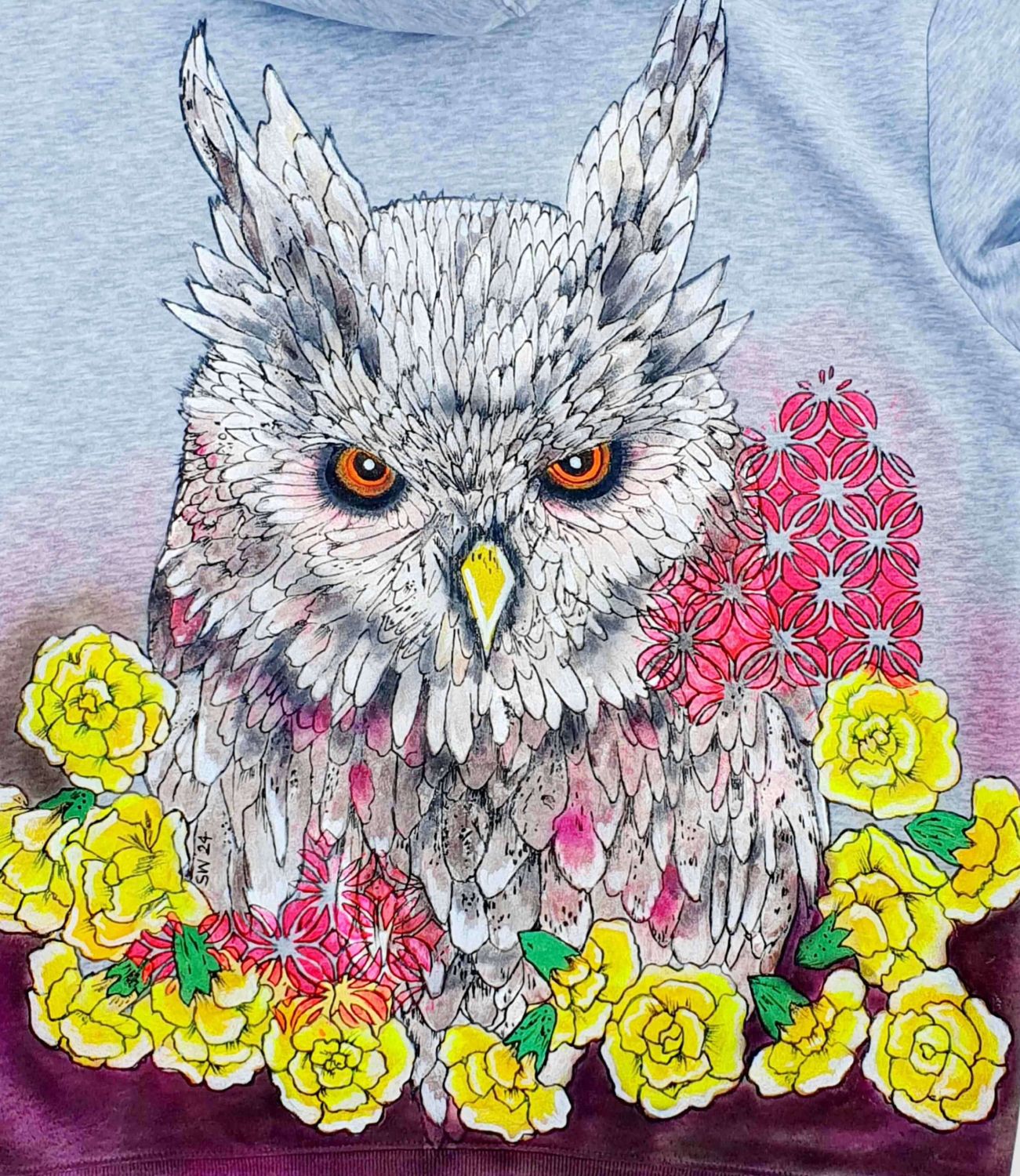 Size Large Grey Hoodie Back & Front Custom Airbrushed Design Wearable Art Owl Yellow Neon Carnations