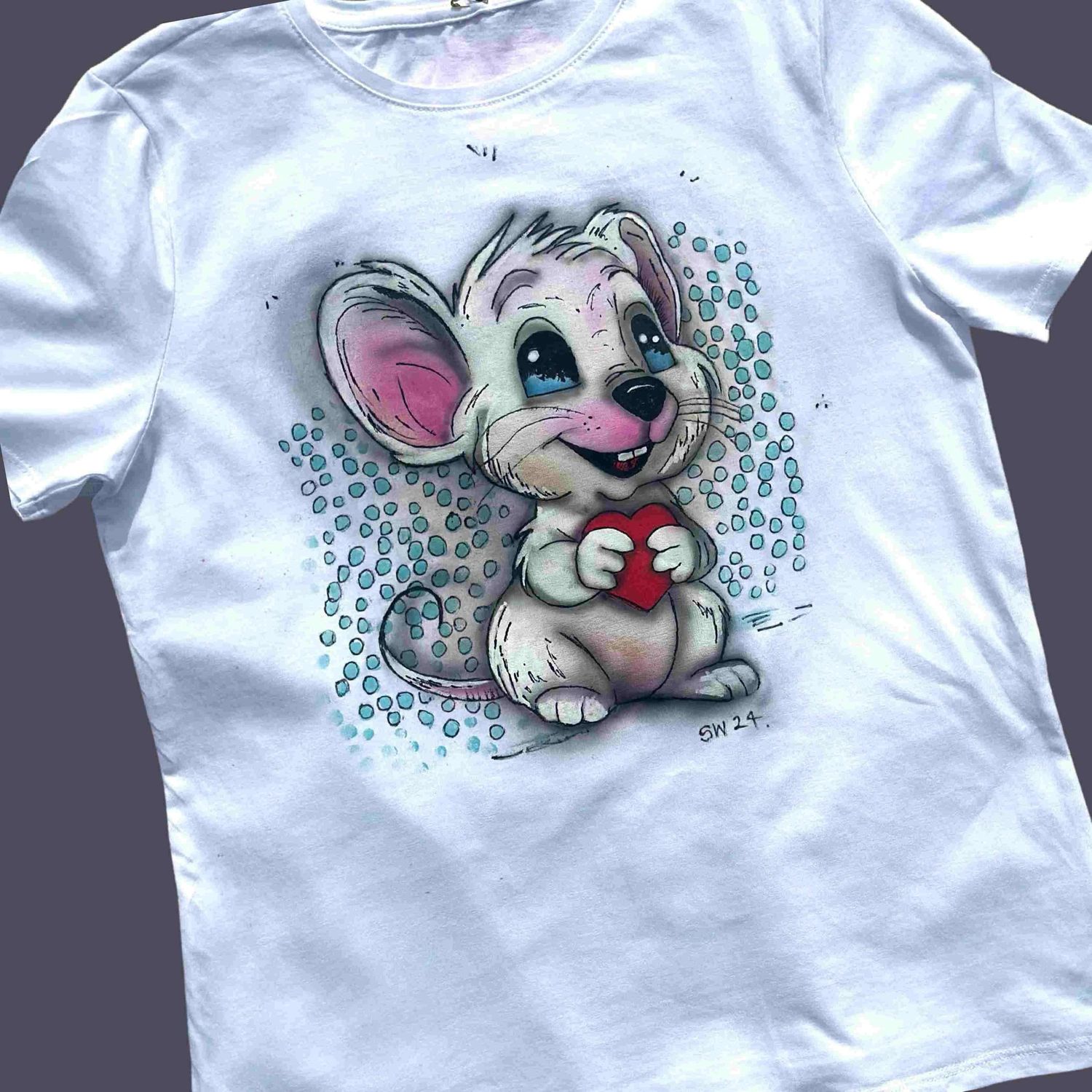 T Shirt Handpainted Custom Wearable Art Back & Front Design White Little Mouse With Love Heart