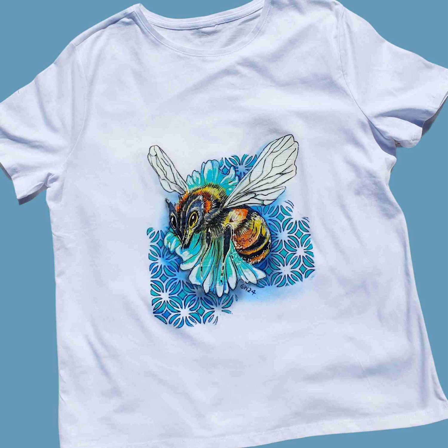 Bubble Bee Blue Flower Handpainted Tee's Wearable Art Variety of Size & Colour Relaxed Fit Crew Neck 🐝