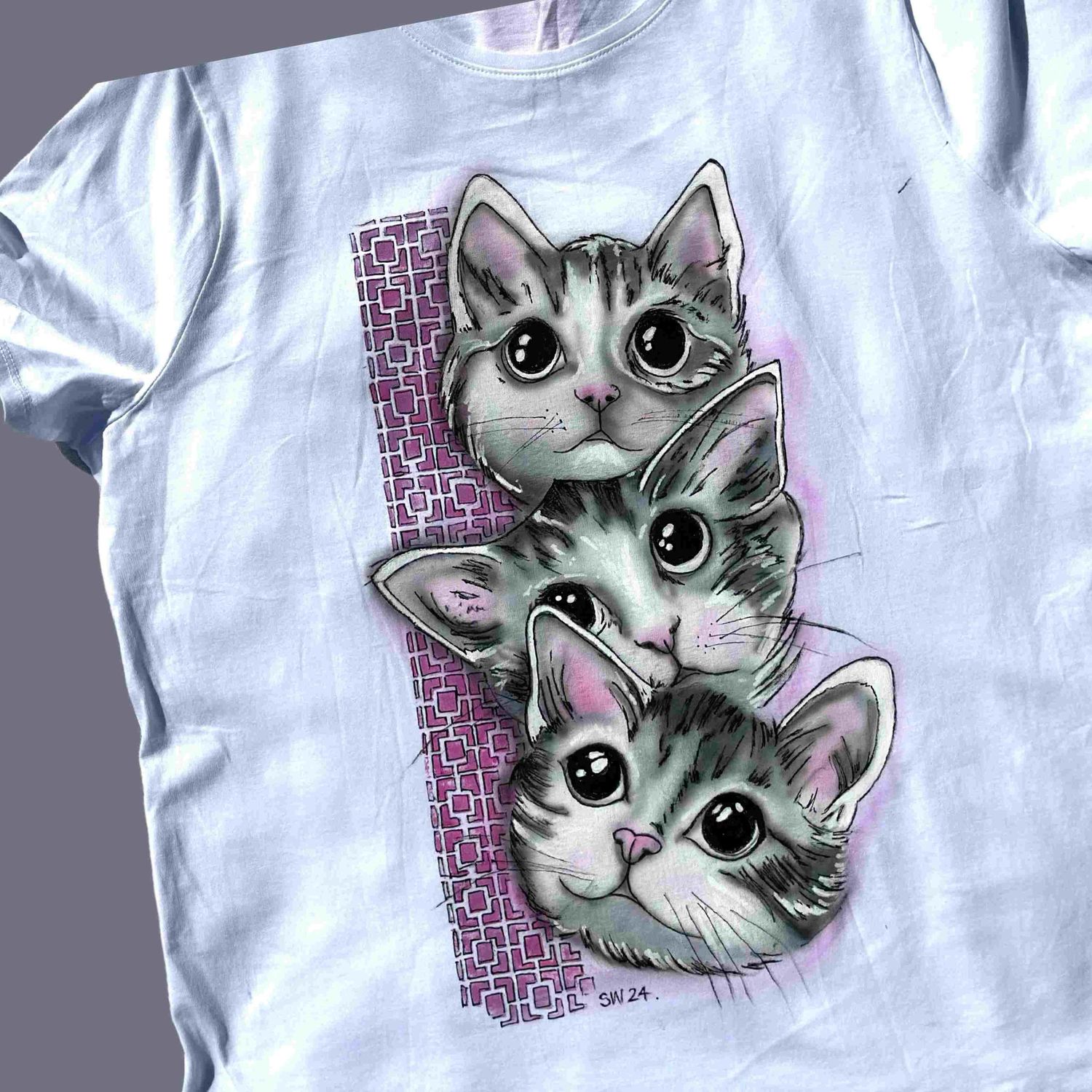 Kittens Three Grey Handpainted Tee's Wearable Art Variety of Size & Colour Relaxed Fit Crew Neck