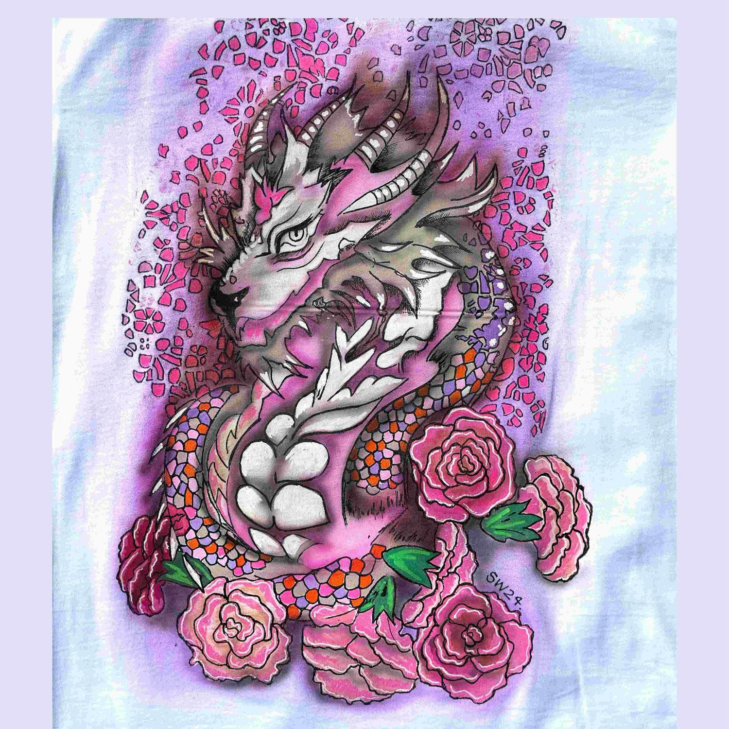 Pink And White Dragon Nesting On Carnations T Shirts Handpainted Tee's Wearable Art