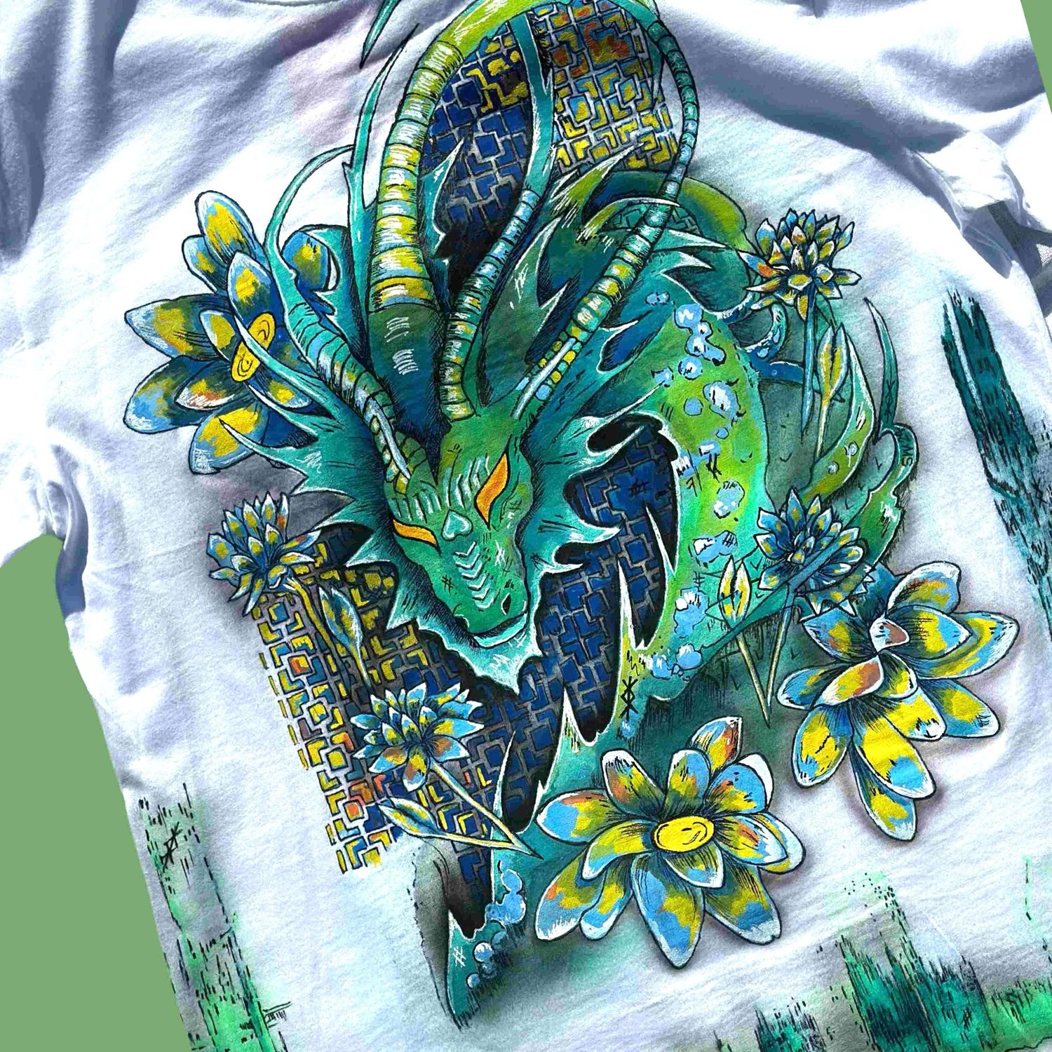 Green water Dragon Cascading Water Lillies White tee Shirt Airbrushed Custom Wearable Art