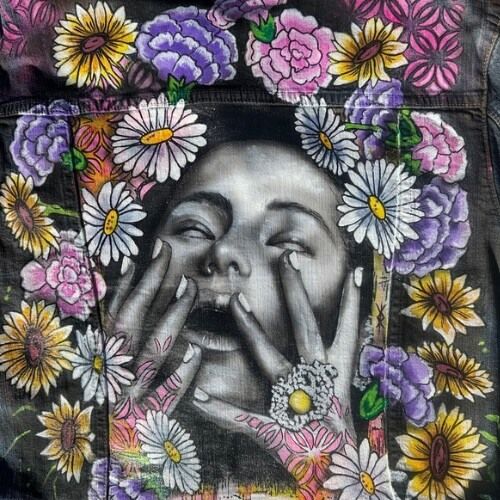 Denim Jacket Vintage SASS Size 16 Custom Airbrushed Wearable Art Back Design Cool Chick Daisies Peony and Carnations
