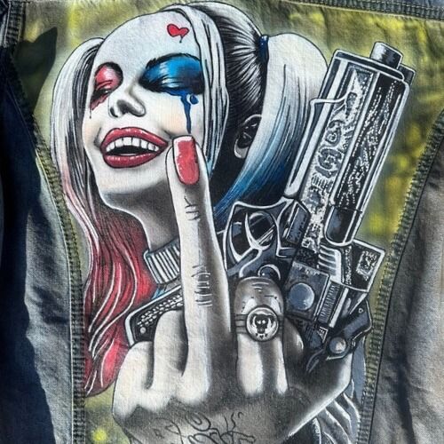 Denim Jacket Vintage Atomshere  Size 12 Custom Airbrushed Wearable Art Back Design Harley Quinn