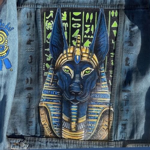 Denim Vintage Jacket Miss Shop Women’s size 6 Custom Airbrushed Wearable Art Back Design Horus Egyptian God with hieroglyphics