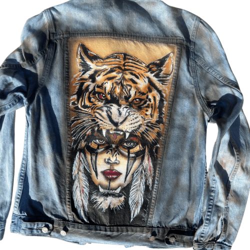 Denim Vintage Jacket Assembly Label size Woman's 8 Custom Airbrushed Wearable Art Back Design Tiger and Warrior Woman