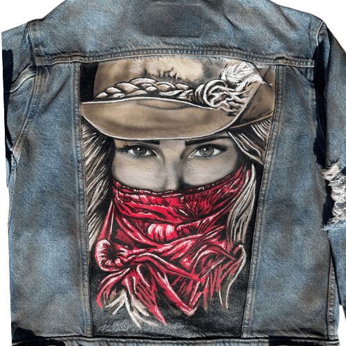 Denim Levi’s size S Custom Airbrushed Jacket Design Cowgirl red scarf