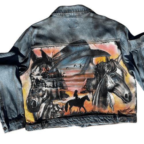 Denim Jacket Vintage Sportsgirl size 16 Custom Airbrushed Wearable Art Back Design Cowgirl landscape horses