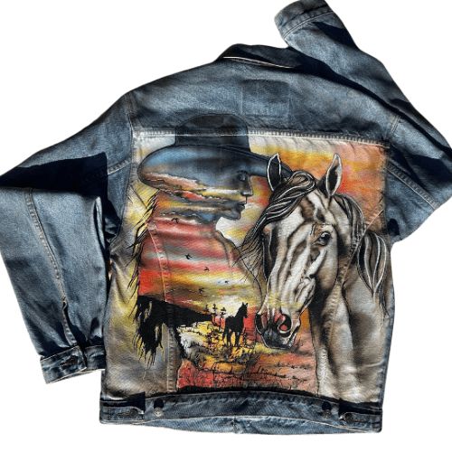 Denim Jacket Vintage Levi’s Size M Custom Airbrushed Wearable Art Back Design Cowgirl Scenery with horse