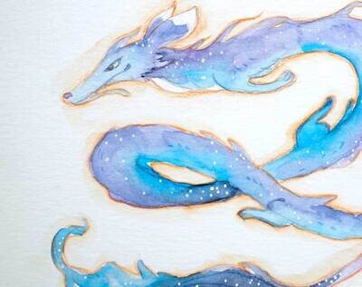 Aquarelle originale - Dragon-renard bleu