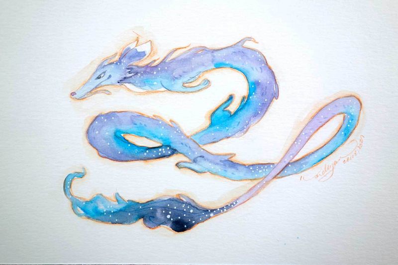 Aquarelle originale - Dragon-renard bleu