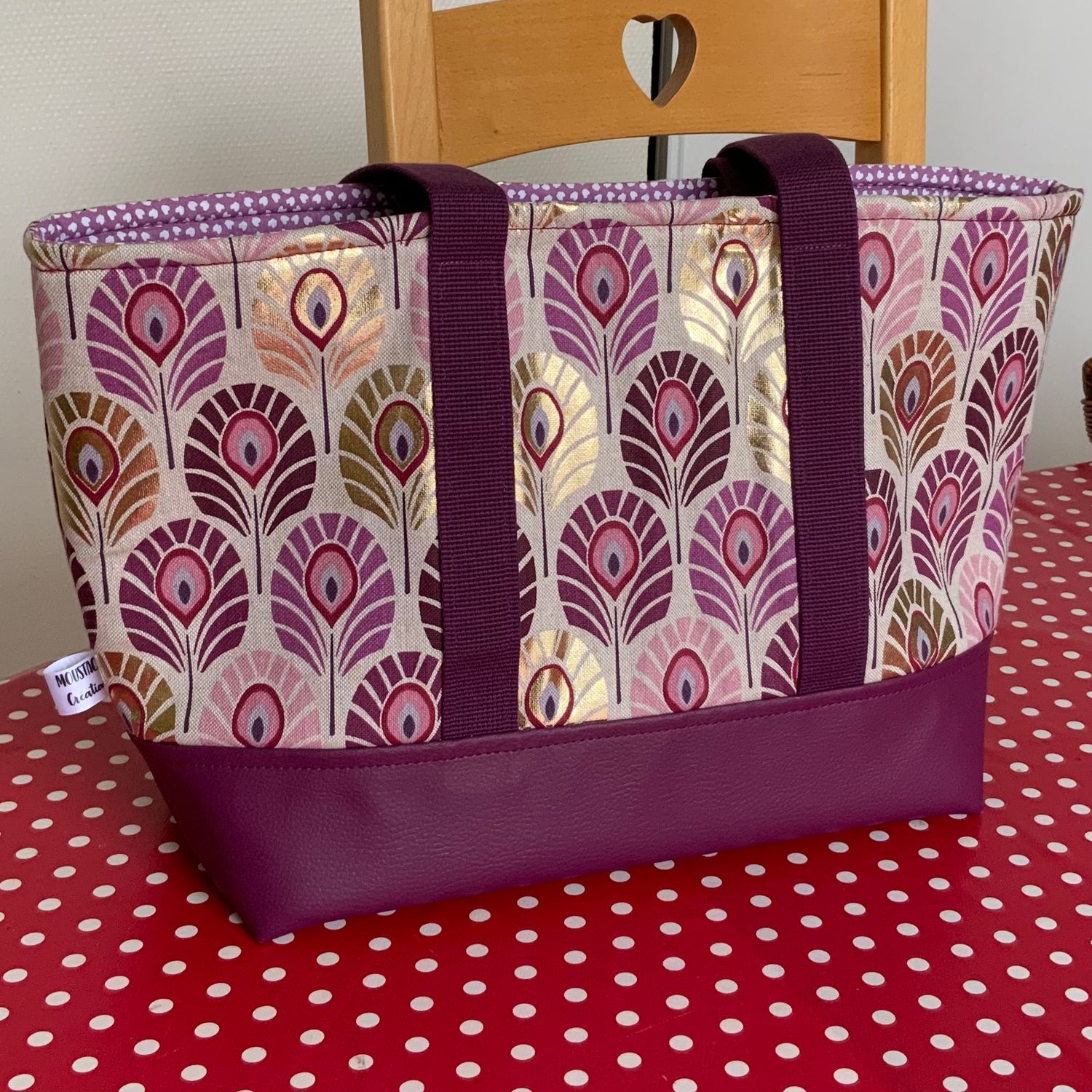Sac Cabas AURELIE - Plumes de paon foil Prune / Or