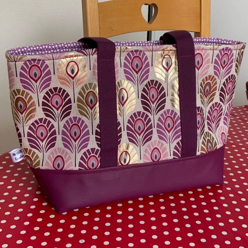 Sac Cabas AURELIE - Plumes de paon foil Prune / Or