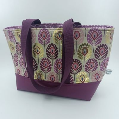 Sac Cabas AURELIE - Plumes de paon foil Prune / Or