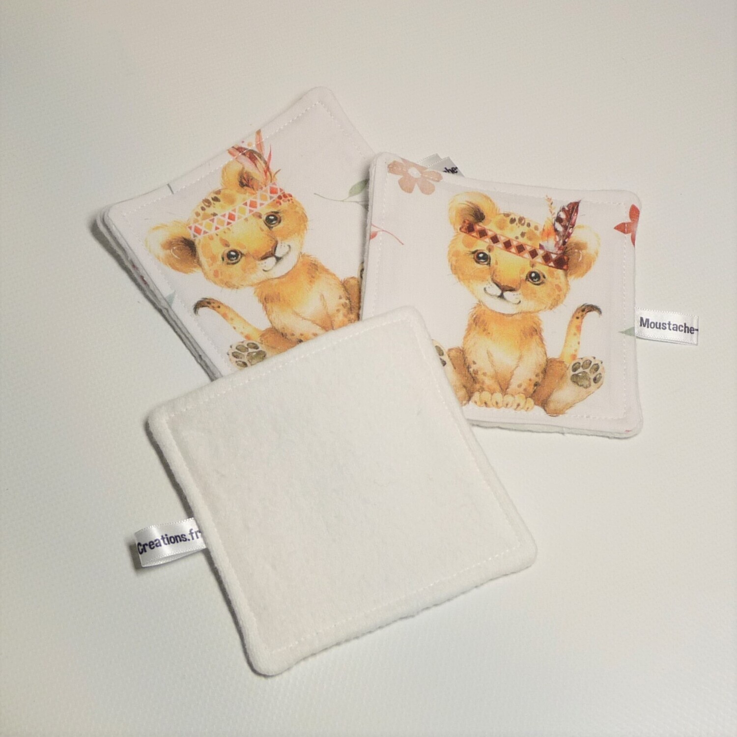 LINGETTES LAVABLES Soizic / Lot de 4 - Lionceaux Lot de 4 lingettes lavables et démaquillantes Soizic fait main par Moustache Créations