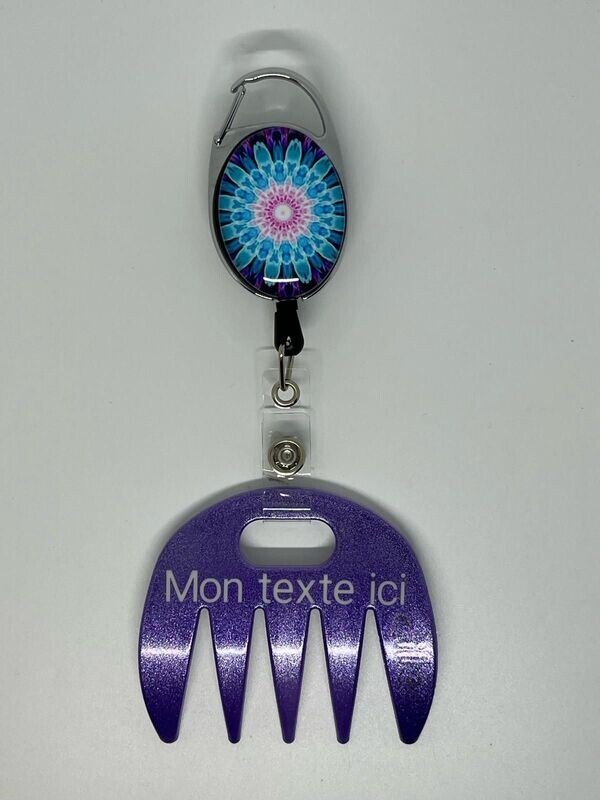 Grat-grat violet pailleté personnalisé  - Clipper mandala bleu rose, dans son coffret cadeau.