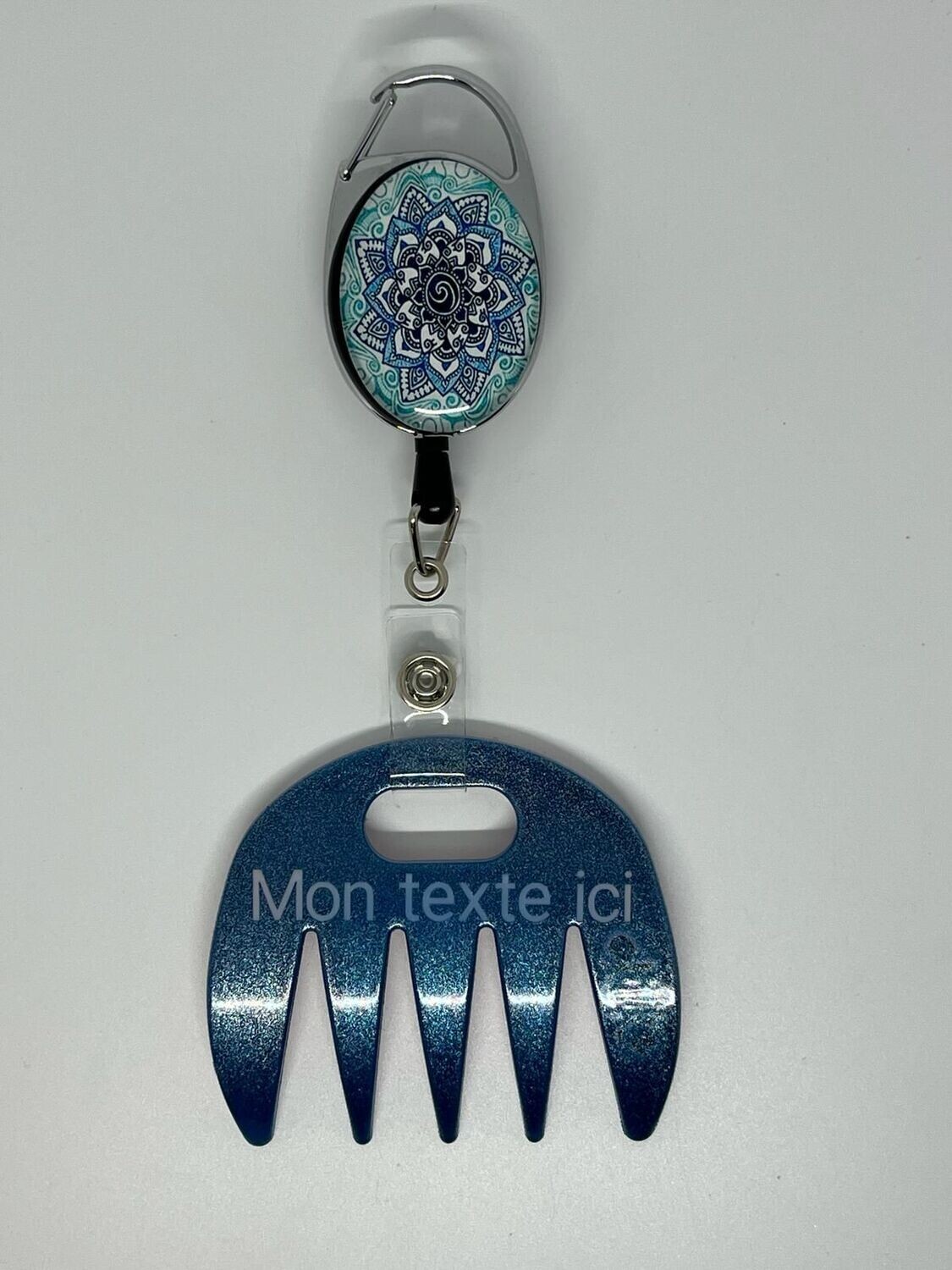Grat-grat bleu pailleté personnalisé  - Clipper mandala bleu , dans son coffret cadeau.
