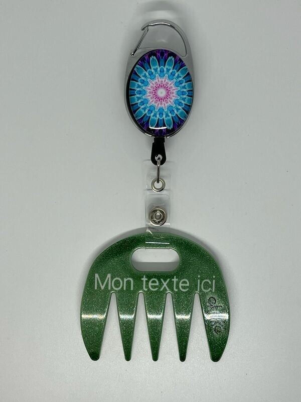 Grat-grat vert pailleté personnalisé  - Clipper mandala bleu rose, dans son coffret cadeau.