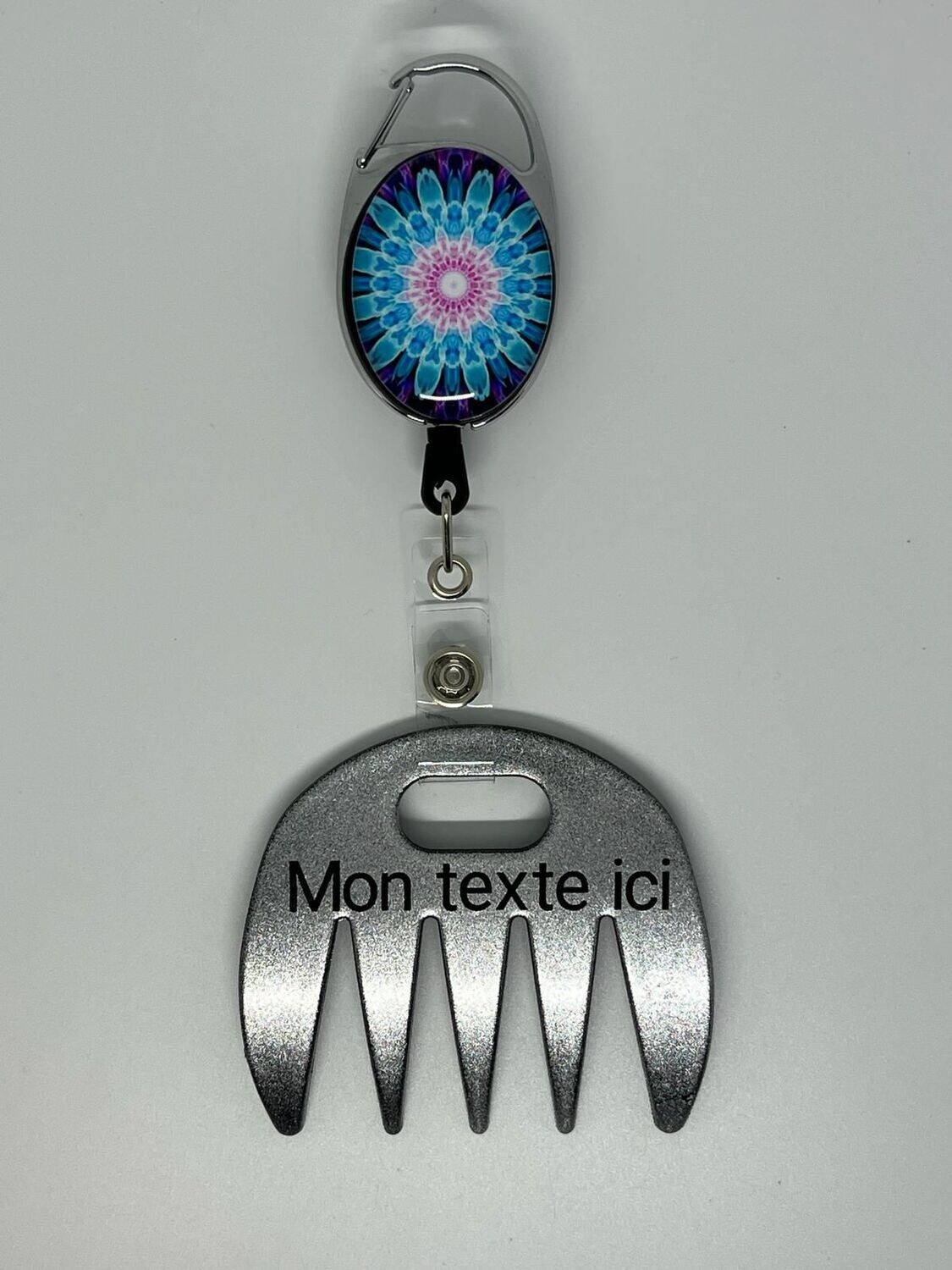 Grat-grat argent pailleté personnalisé  - Clipper mandala bleu rose, dans son coffret cadeau.