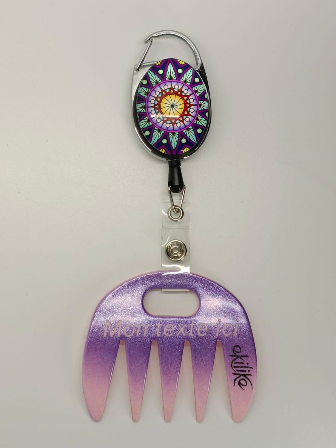 Grat-grat rose dégradé violet pailleté personnalisable  - Clipper mandala violet dans son coffret cadeau.