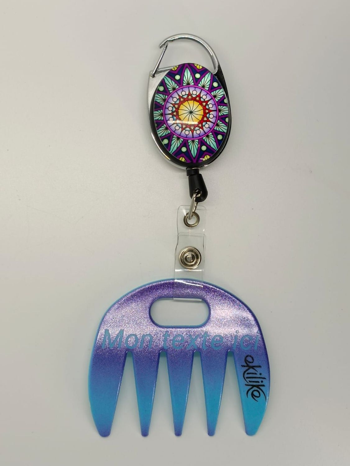 Grat-grat bleu dégradé violet pailleté personnalisable  - Clipper mandala violet dans son coffret cadeau.