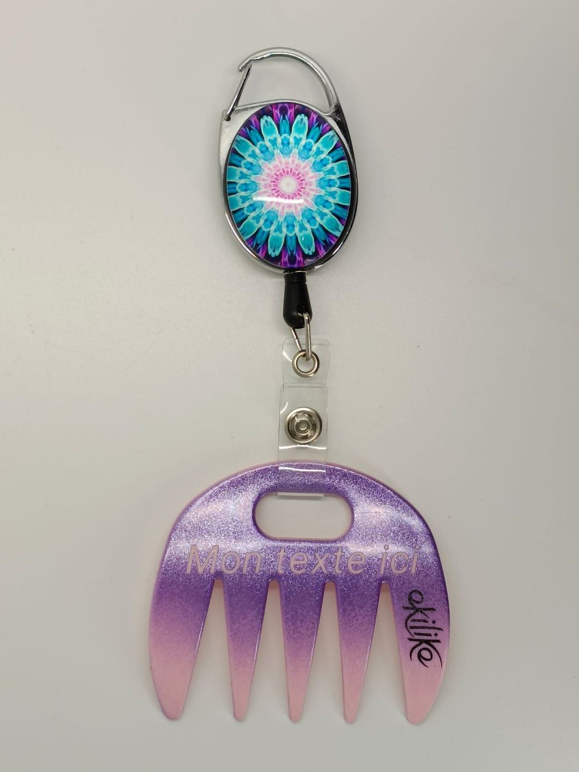 Grat-grat rose dégradé violet pailleté personnalisable  - Clipper Mandala bleu et rose dans son coffret cadeau.
