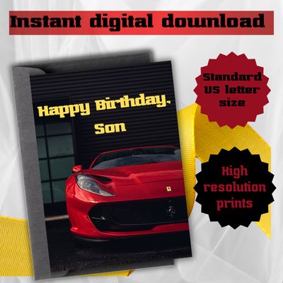 Printable Happy Birthday Card for Boys - Happy Birthday Son Ferrari Birthday Card Instant Digital Download