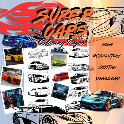 Super Cars Coloring Book for Kids &amp; Adults - Digital Download Birthday Gift - 50 pages - Printable Party Favors