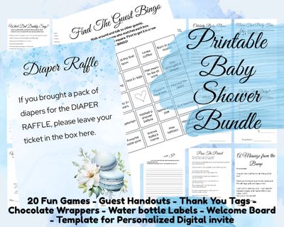 Pastel Blooms &amp; Macarons Baby Shower Bundle - Baby Shower Games - High tea Decor - French Macaron Baby Shower Printable Instant Download