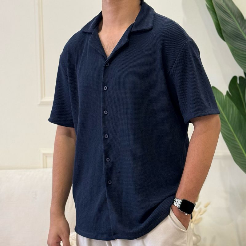 Navy Cuban Collar Waffle Shirt