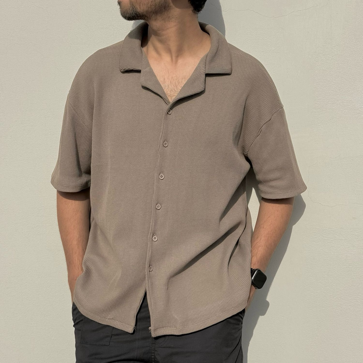 Beige Cuban Collar Waffle Shirt