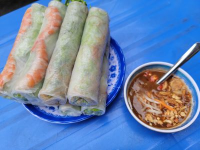 V15: Gỏi cuốn (EBC ) – traditionelle Sommerrolle mit Huhn, Garnelen, Ei, Reisnudeln, Salat, Koriander, Minze, 2 Stk, Hoisinsauce-Dip dabei