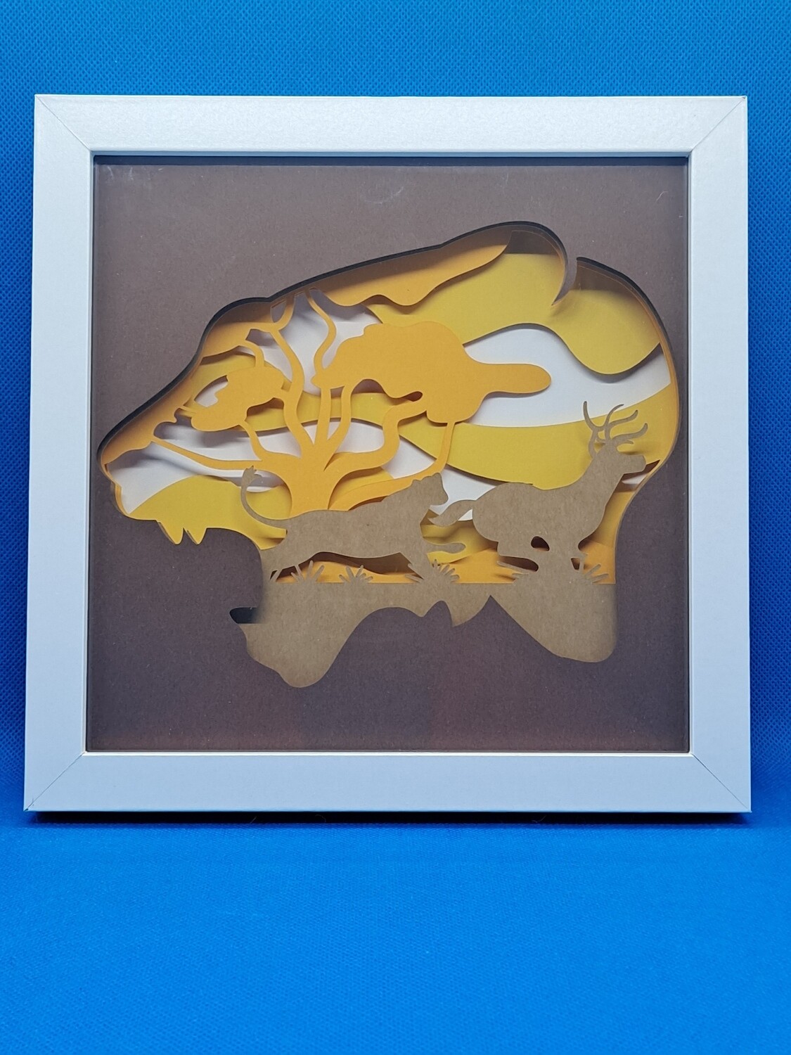 Lion Chasing Deer 3D Layered 8x8 inch shadowbox