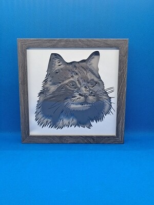 Long Haired gray cat Layered 8x8 inch shadowbox