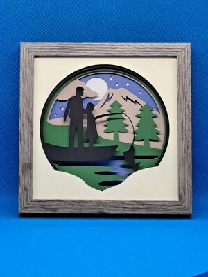 Dad Teaching Daughter To Fish Layered 8x8 inch shadowbox
