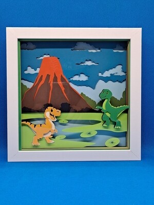 Dinosaur and Volcano Layered 8x8 inch shadowbox